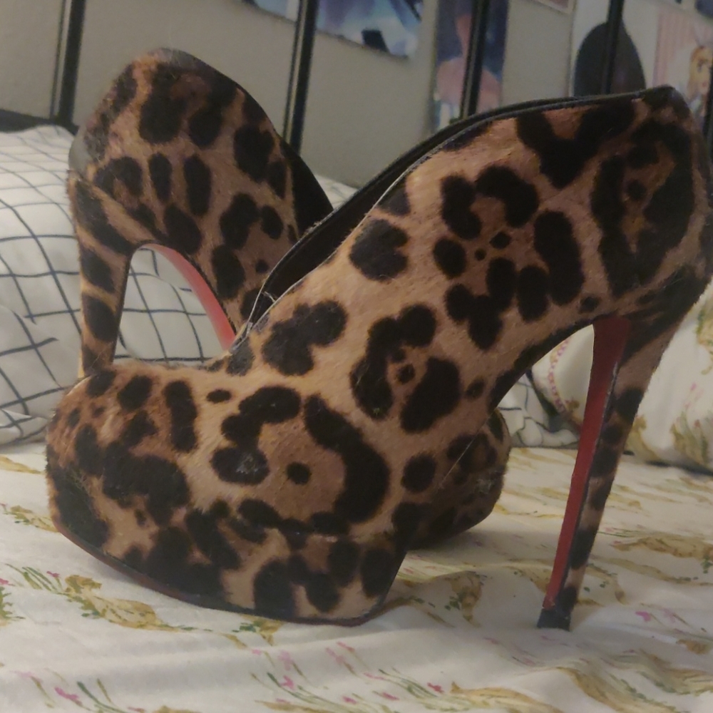 Louboutin Leopard Print Pony Hair Stiletto Booties